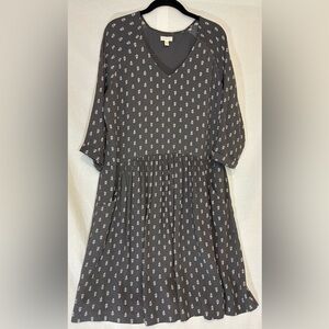 Garnet Hill Gray Ditsy Ash Woodblock Print Bohemian Midi Dress  Size 12 Peasant